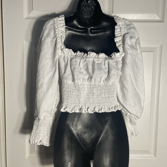 Faithfull The Brand Shirt Women 4 White Revolve Bel Rose Linen Smocked Milkmaid‎ - Picture 3 of 10